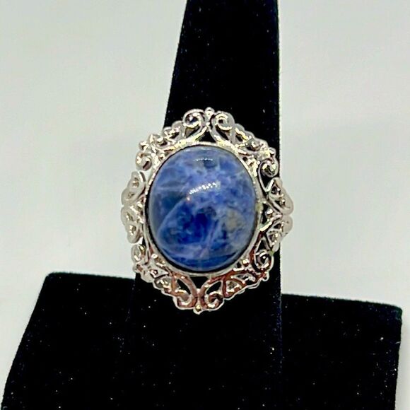 Beautiful Vintage Silver Ring With Blue Marbled Stone - Picture 1 of 6